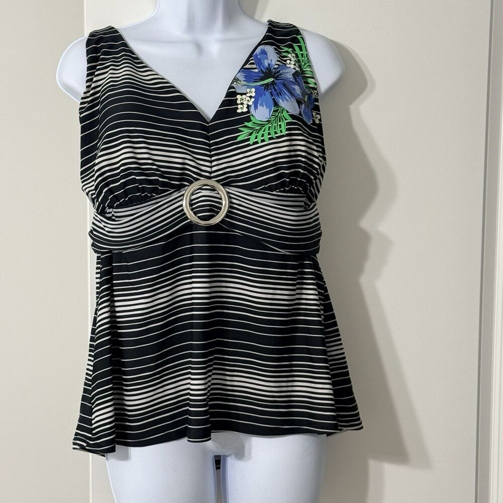 Addition Elle Black & White Striped Tankini Top | Floral Design | XL